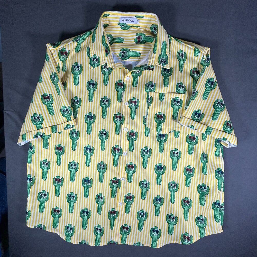 Campcore MISSLOOK Cactus Yellow Stripe Short Sleeve Button Shirt 2XL